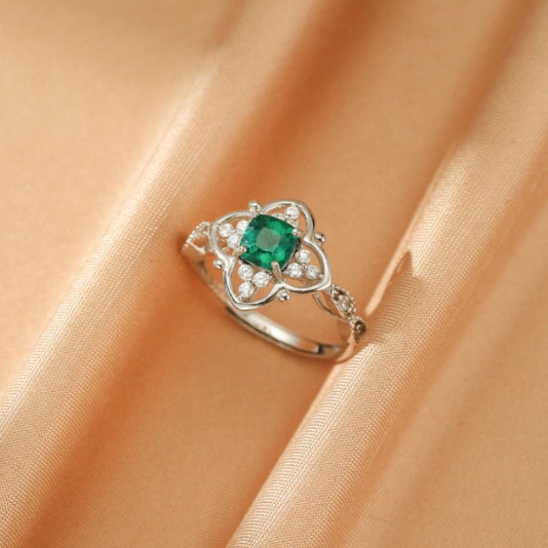 Bague Argent S925 Émeraude Trèfle Porte-Bonheur - Biloria