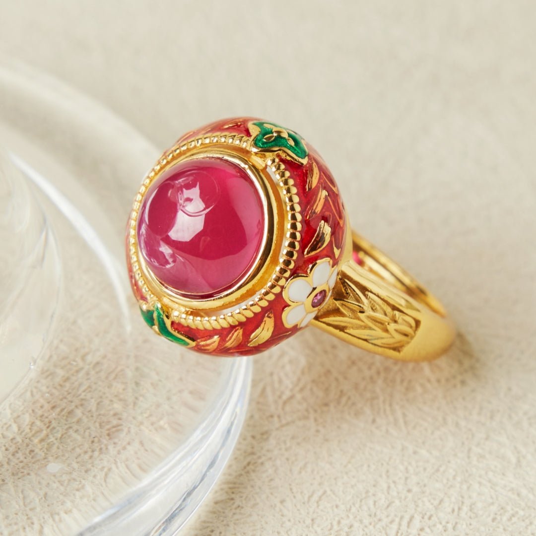 Bague Cornaline Ajustable Argent Plaqué Or Motif Floral - Biloria