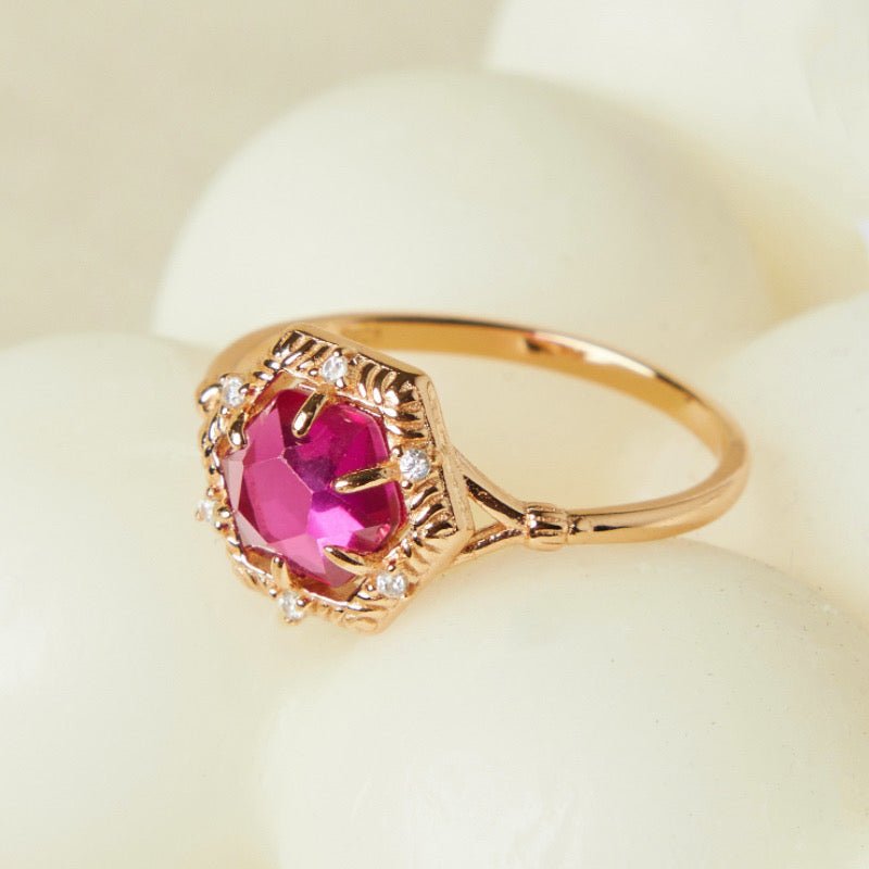 Bague Cornaline Hexagonale Argent Plaqué Or Charme Passion - Biloria