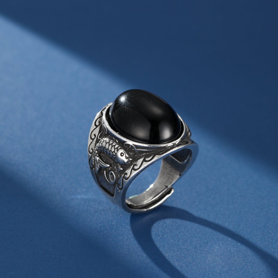 Bague Homme Obsidienne Carpe Koï Force Aquatique - Biloria