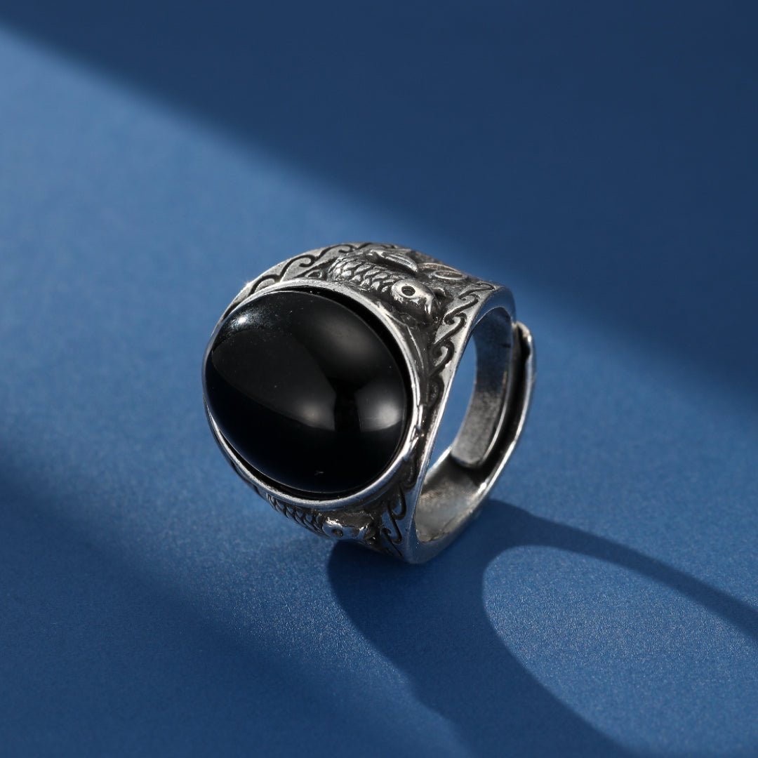 Bague Homme Obsidienne Carpe Koï Force Aquatique - Biloria