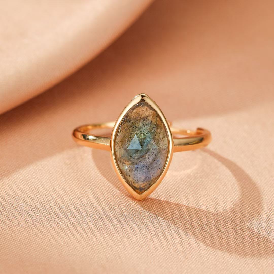 Bague Labradorite Feuille d'Âme Ajustable Argent Plaqué Or 10K - Biloria