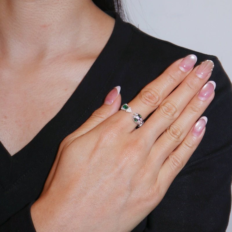 Bague Serpent Mystique avec Émeraude et Zircons - Argent 925 Ajustable - Biloria