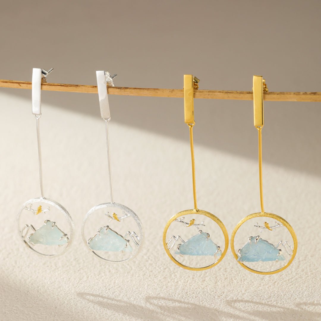 Boucles d'Oreilles Aigue Marine et Oiseau Argent ou Or - Biloria