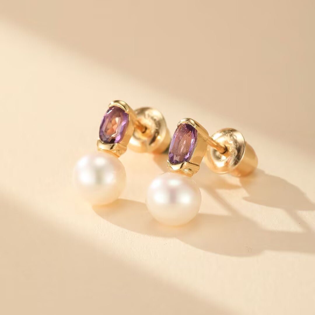 Boucles d'Oreilles Améthyste Perle – Argent Plaqué Or - Biloria