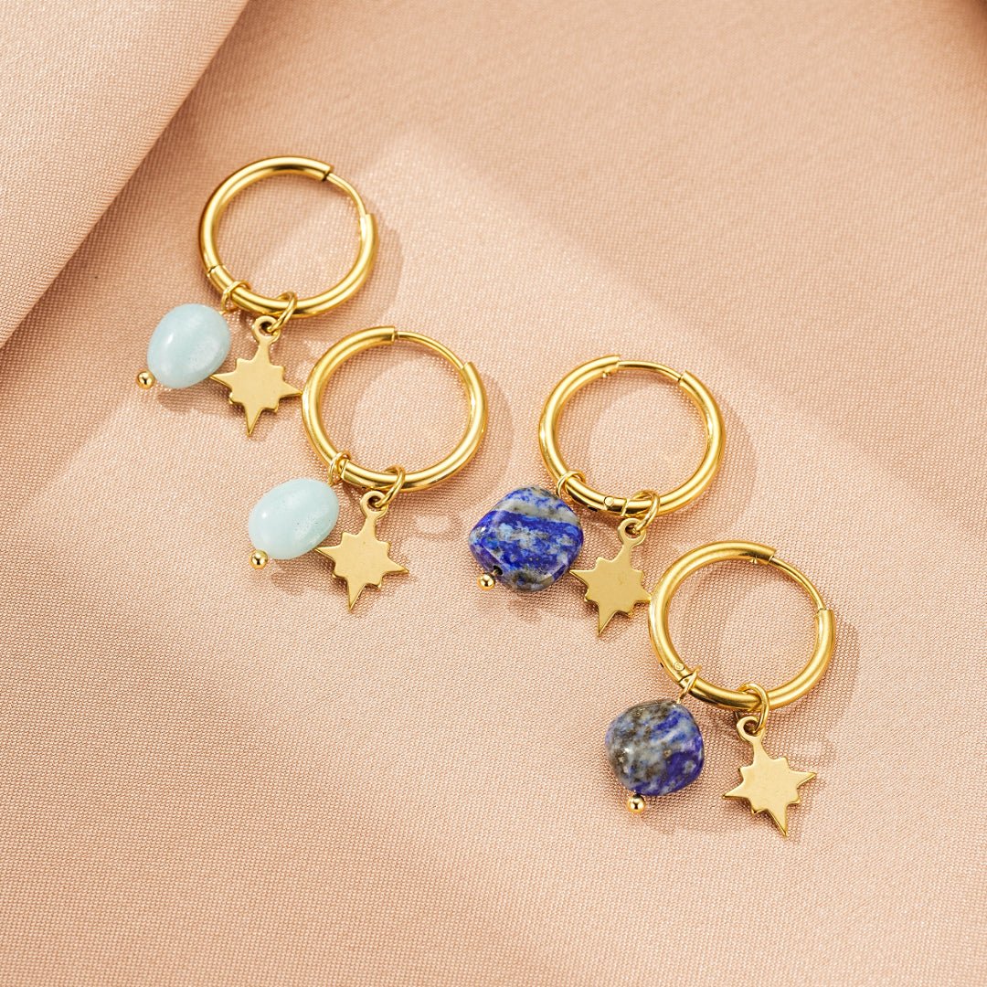 Boucles d'Oreilles Créoles avec Étoile - Amazonite ou Lapis Lazuli - Biloria