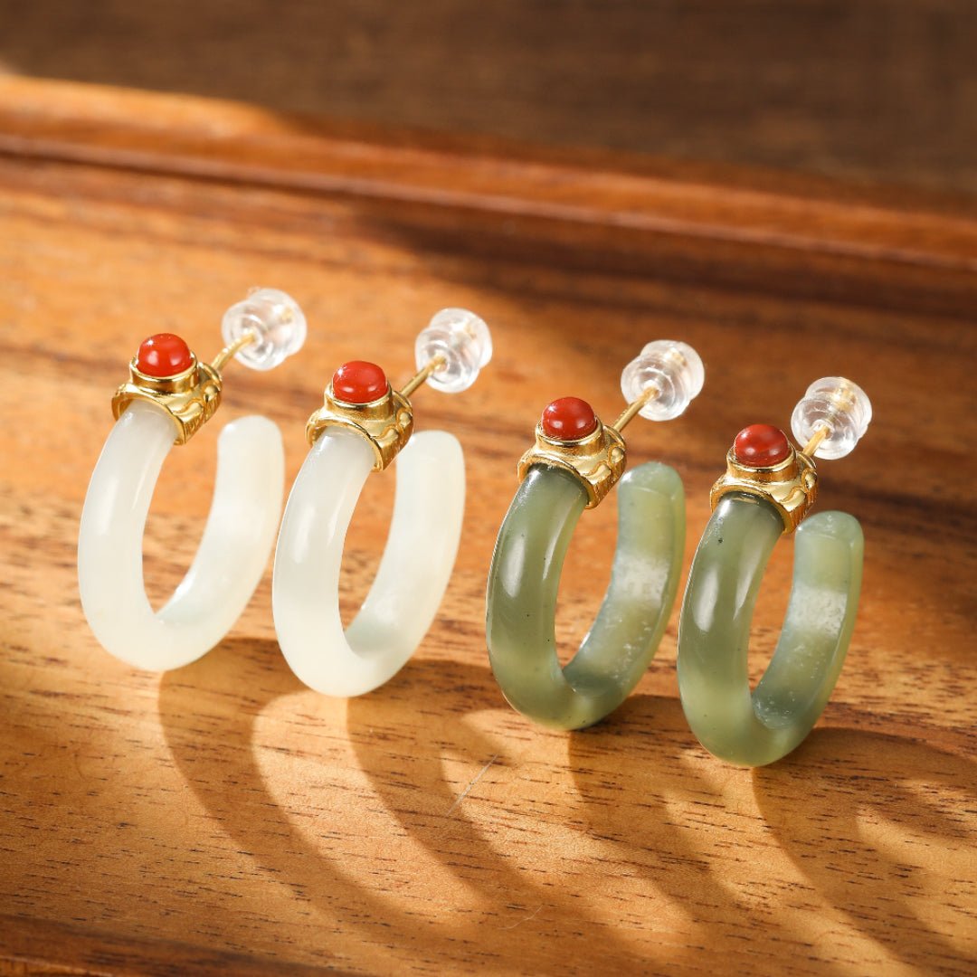 Boucles d'Oreilles Créoles Jade et Agate – Harmonie et Sérénité - Biloria