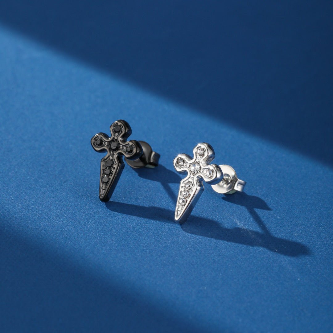 Boucles d'Oreilles Croix Gothique Homme Strass Acier 316L - Biloria