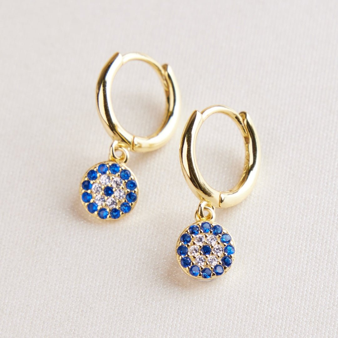 Boucles d'Oreilles Mauvais Œil – Zircons Bleus, Argent Plaqué Or - Biloria