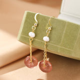 Boucles d'oreilles pendantes Quartz Fraise et Perle - Biloria