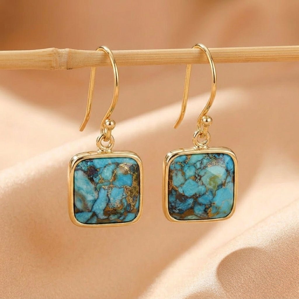 Boucles d'Oreilles Turquoise Argent Plaqué Or - Biloria