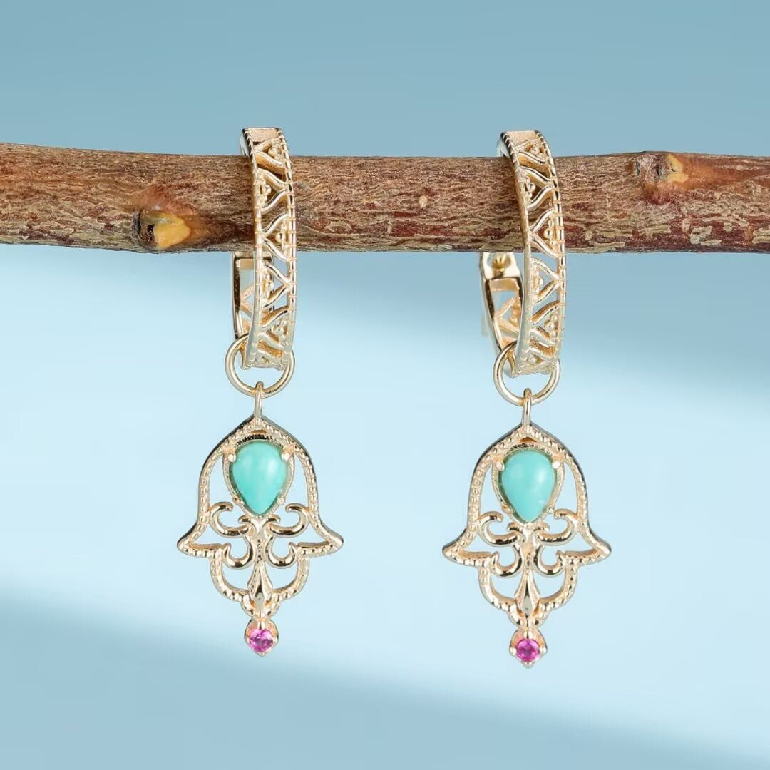 Boucles d'Oreilles Turquoise Protection - Argent Plaqué Or Main - Biloria