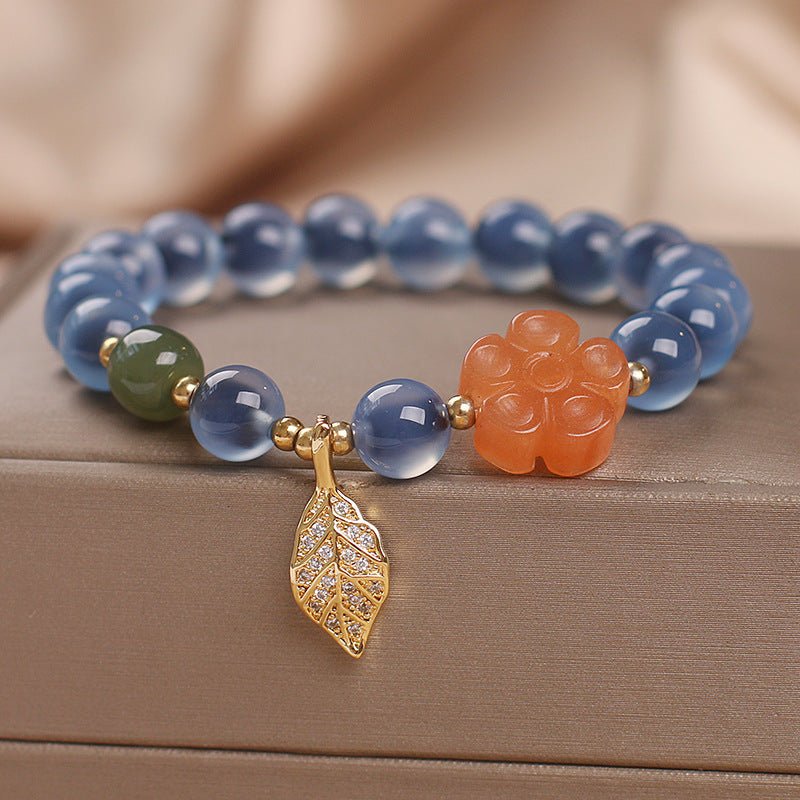 Bracelet Agate Bleue Feuille Dorée – Sérénité et Élégance - Biloria