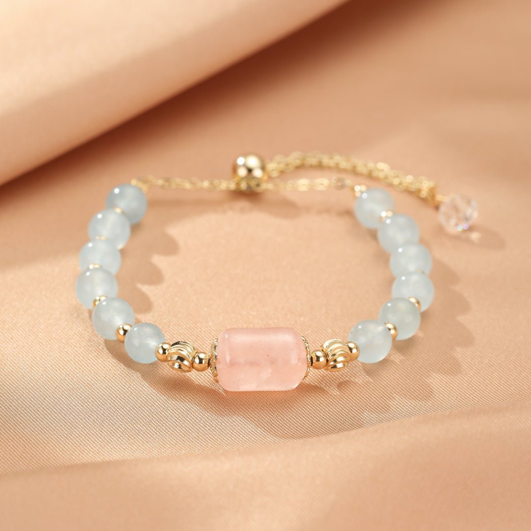 Bracelet Aigue-marine Quartz Rose ajustable – Sérénité et amour - Biloria
