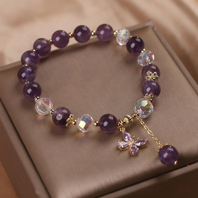 Bracelet en Améthyste et Quartz Clair avec Pendentif Papillon - Biloria