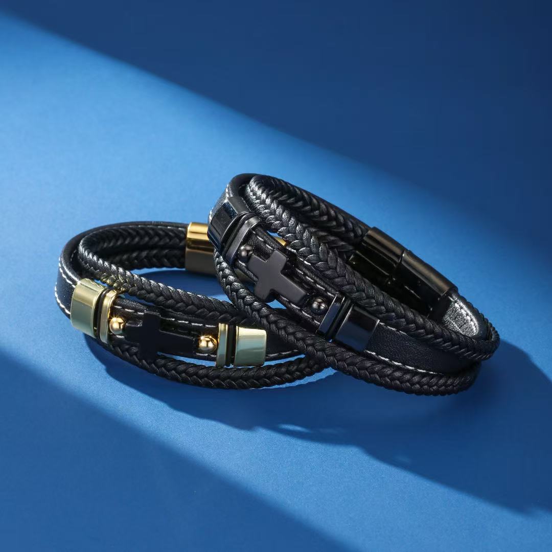Bracelet Homme Cuir Onyx Croix de Foi - Biloria