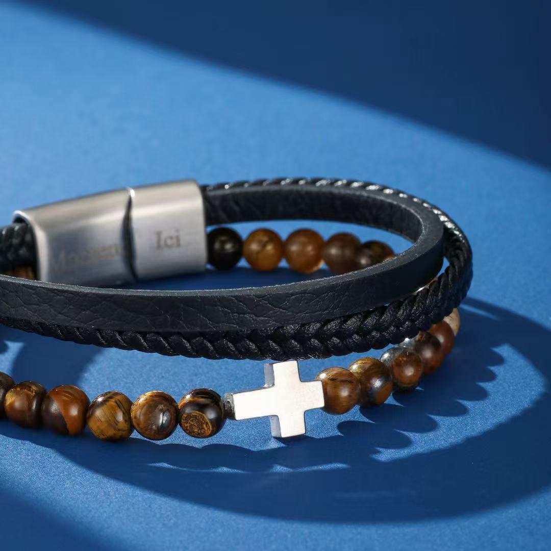 Bracelet Homme Cuir Tressé Croix Foi et Force - Biloria