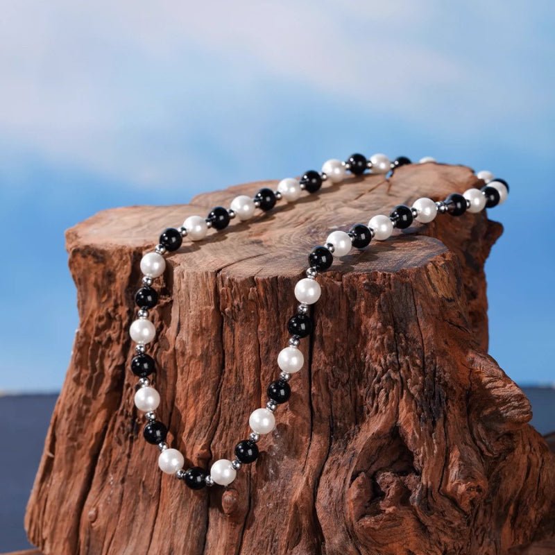 Collier Homme Nacre et Agate Noire Acier Inoxydable - Biloria